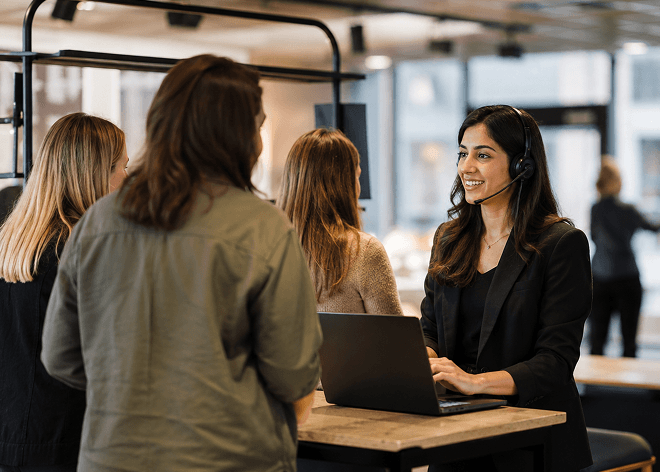 A customer support agent helping visitors at a service desk
