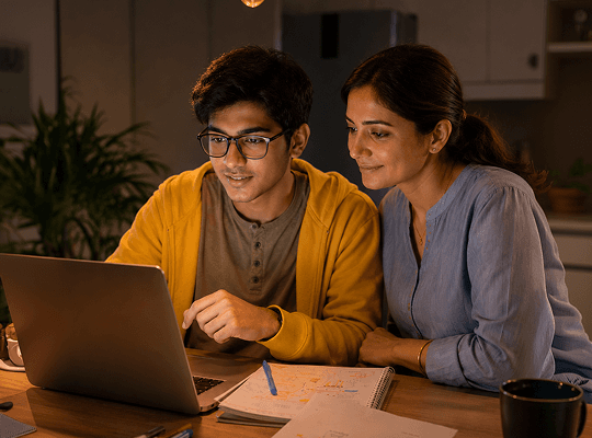 A learner chatting with an admissions agent on a phone