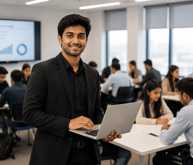 An admissions counsellor with a tablet