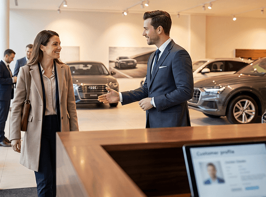 A buyer reviewing an automated qualification score at home