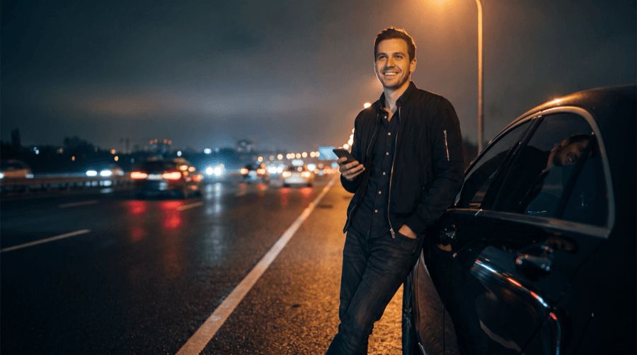 A buyer messaging a dealership late at night beside his car