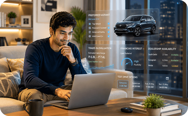 A buyer researching a car late at night from home