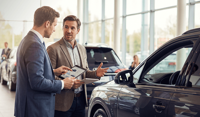 A dealership advisor closing a deal with a buyer