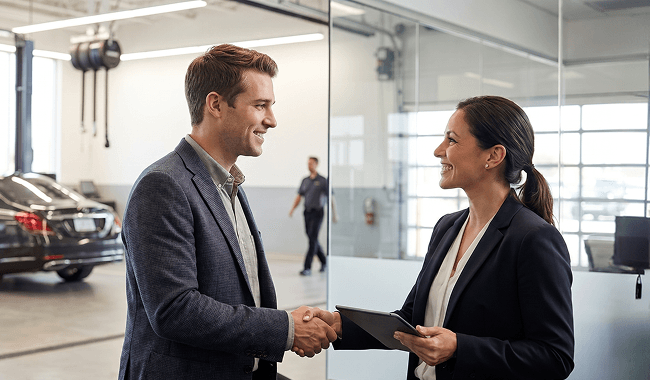 A buyer greeted for a return visit at the dealership