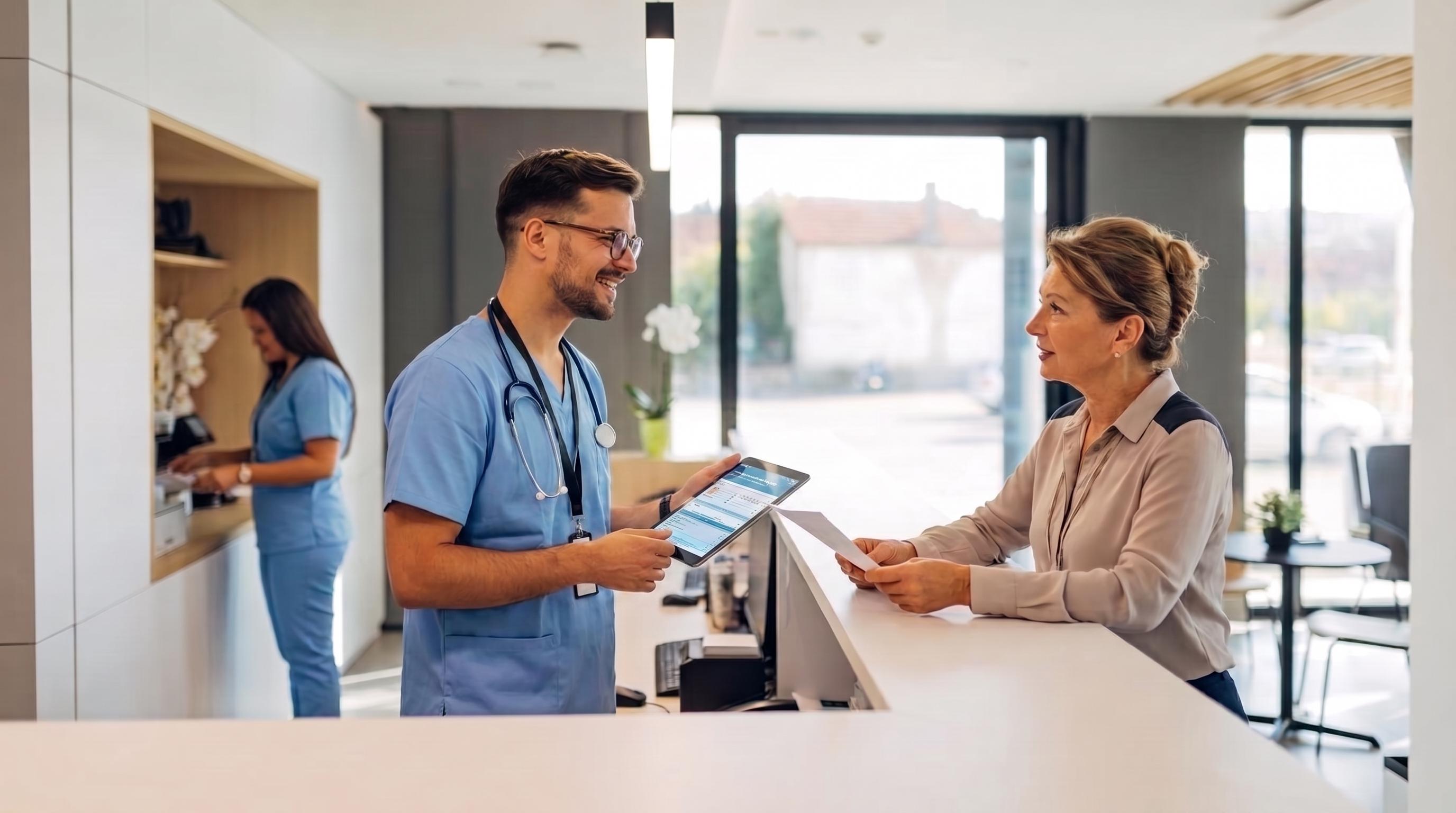 A clinician talking with a patient