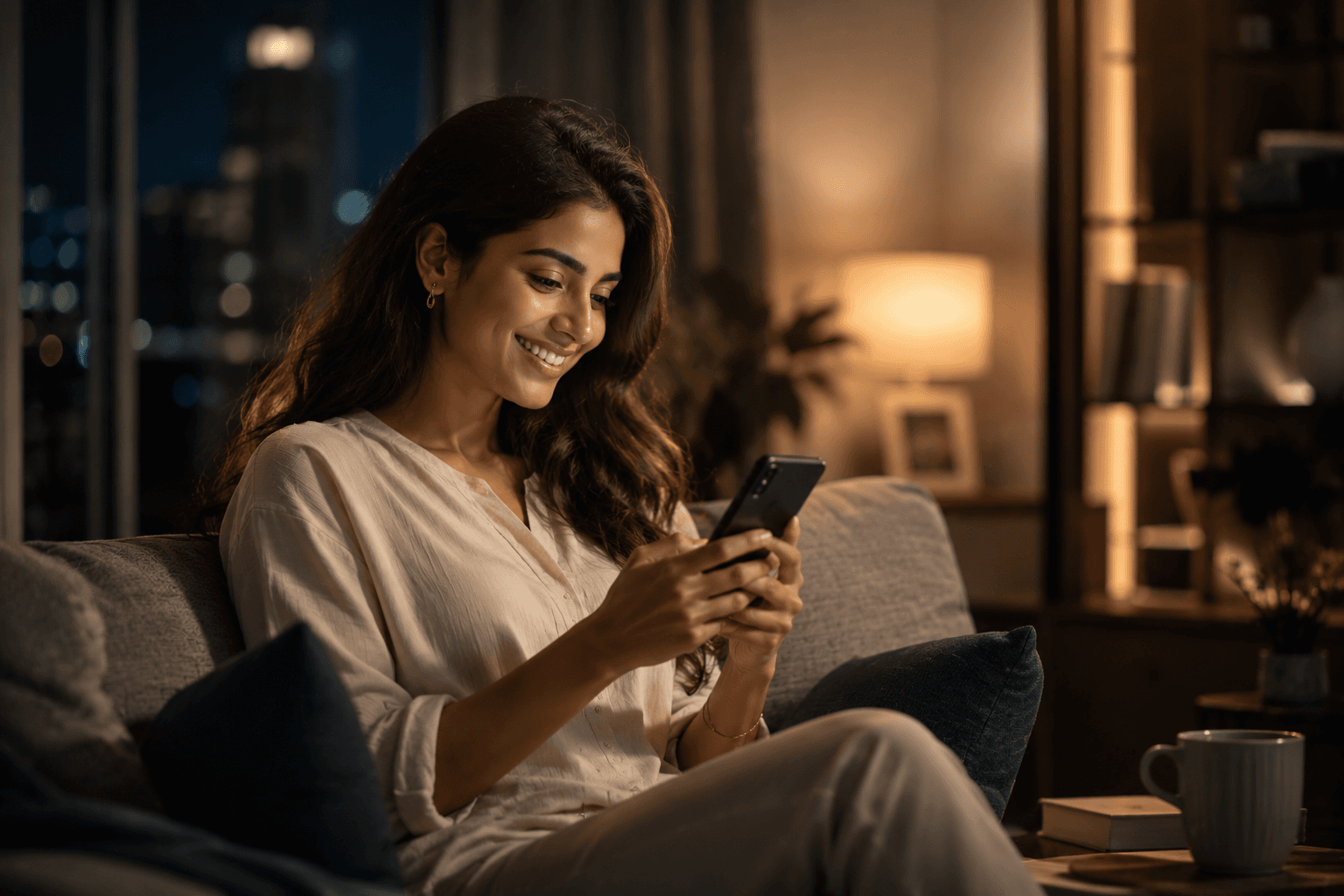 A customer messaging late at night from her sofa