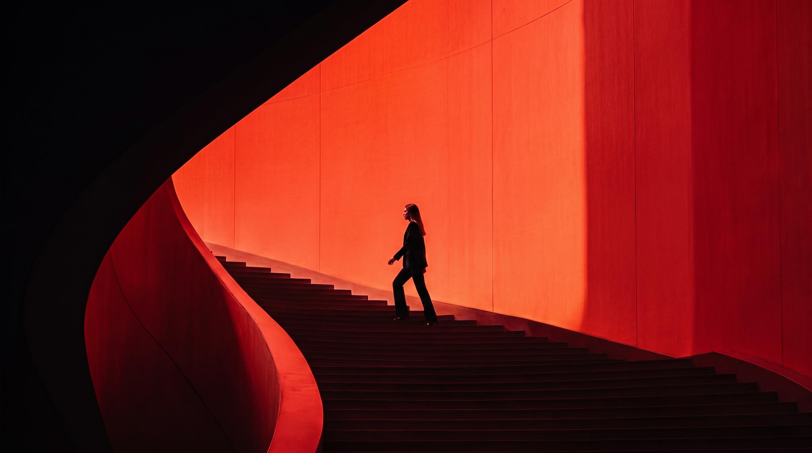 A figure climbing a staircase inside a red-lit curved hall