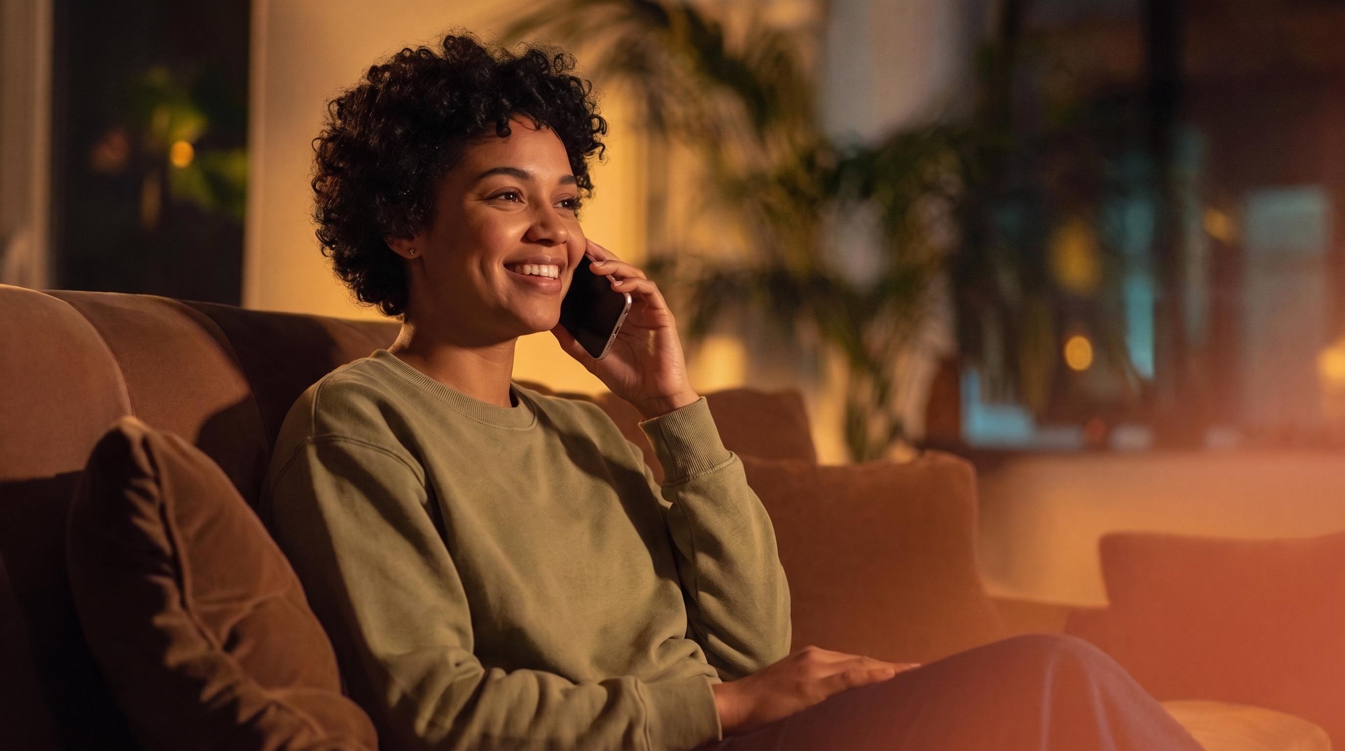 A woman on a phone call, seated in a warm living room
