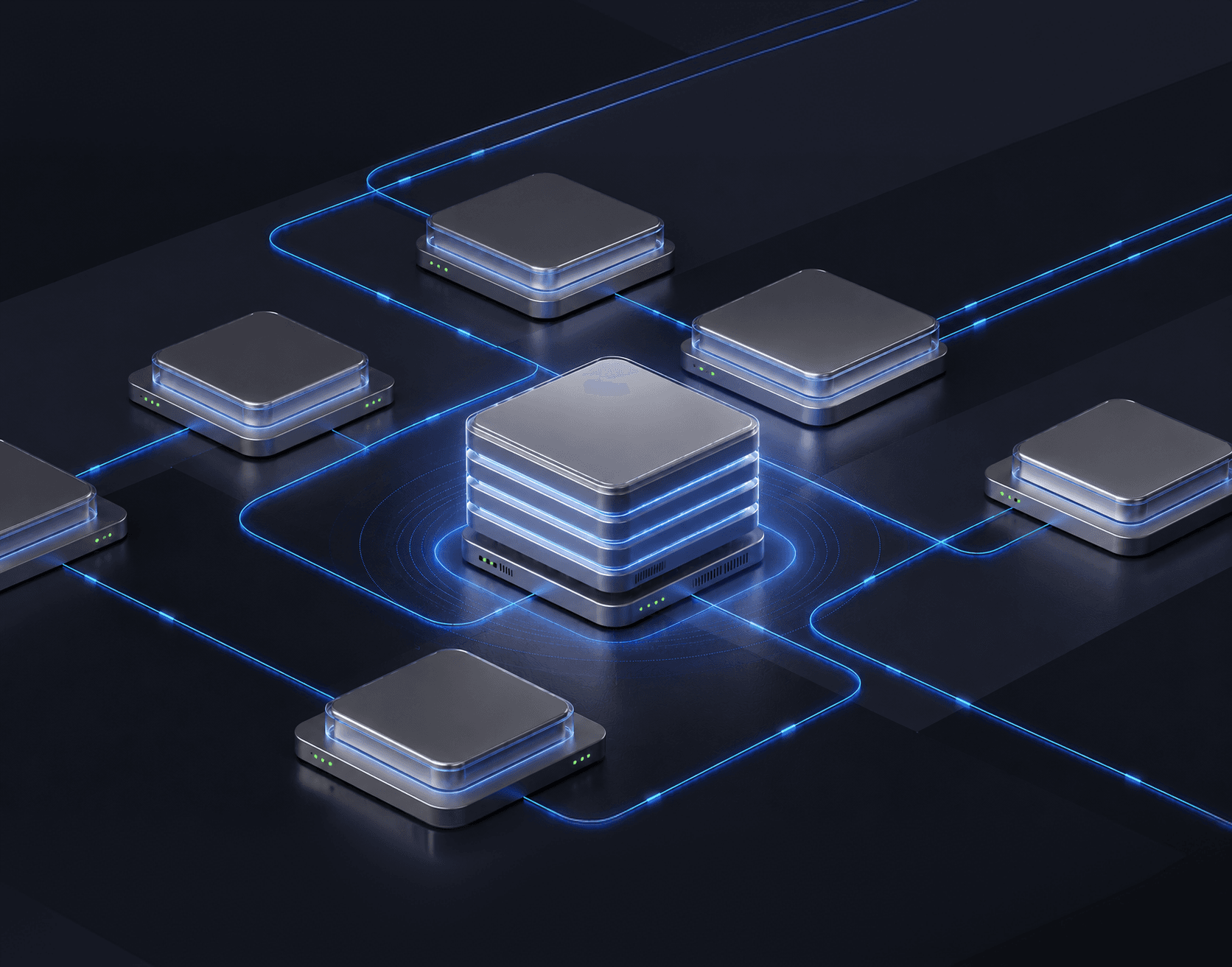 Stacked server modules linked by glowing red traces