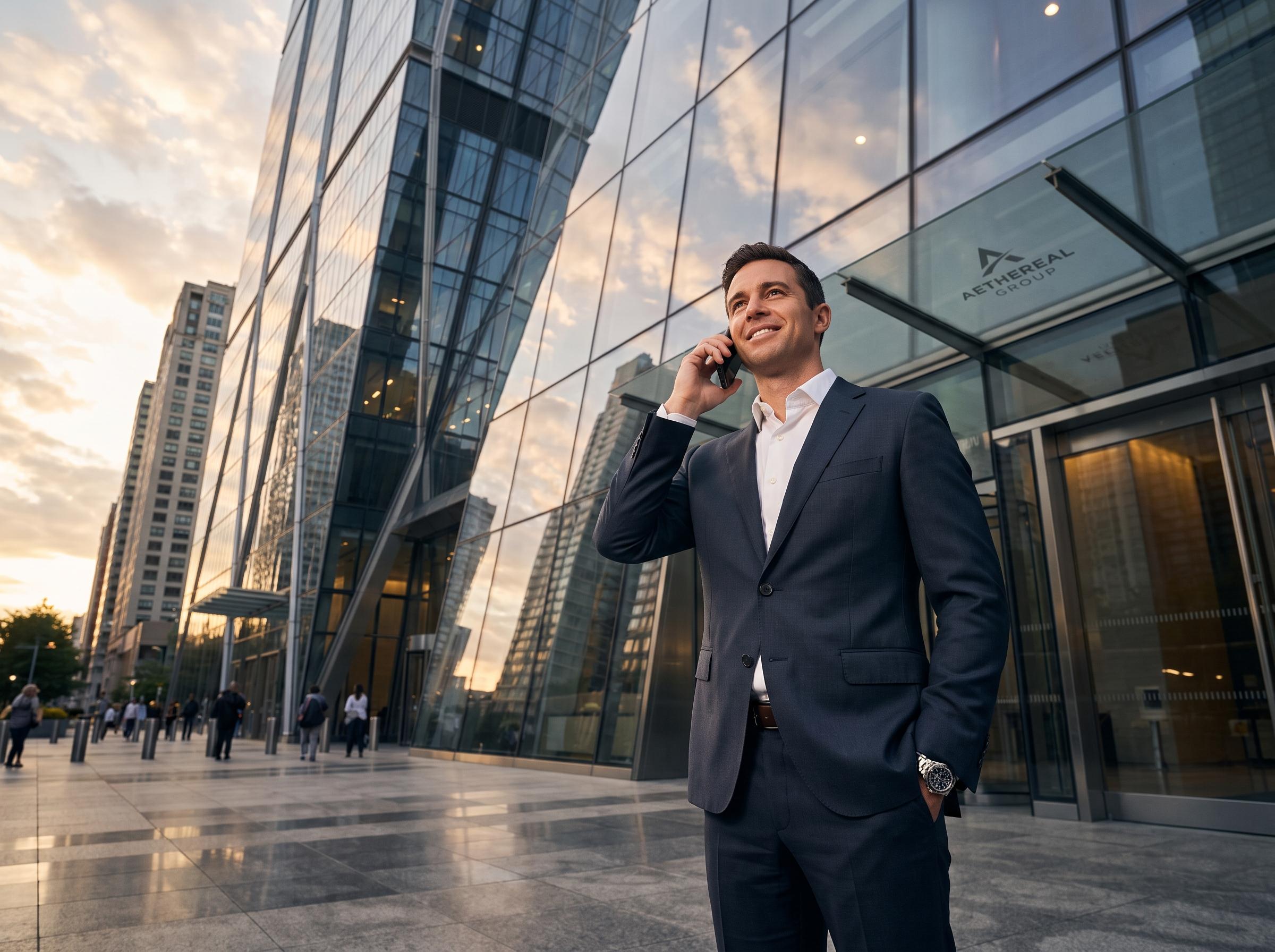 A sales professional on a call outside a glass office building
