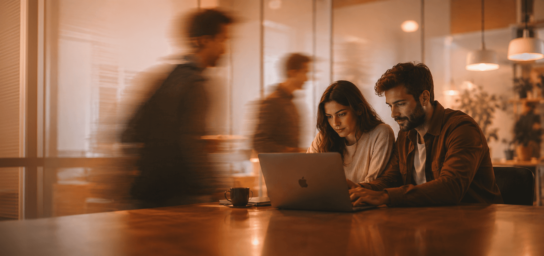 Two colleagues reviewing a laptop together in a warm-lit office